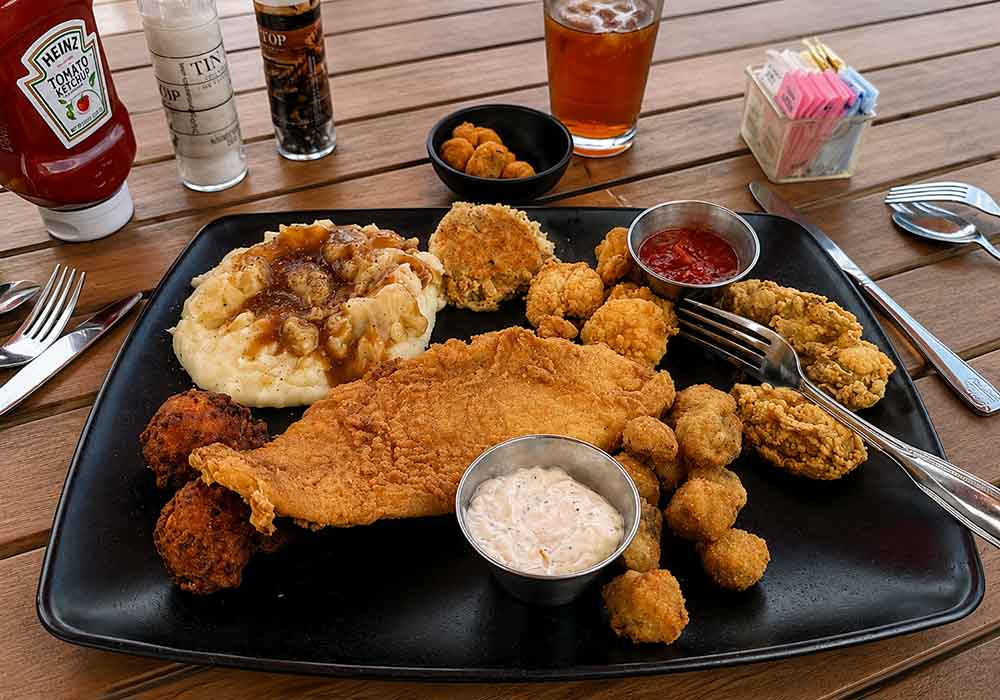 Fried seafood platter at Tin Top Restaurant in Bon Secour Alabama